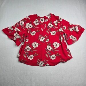 URBAN ROMANTICS Red Floral print Bell Sleeve Keyhole Neck Blouse Womens Top boho